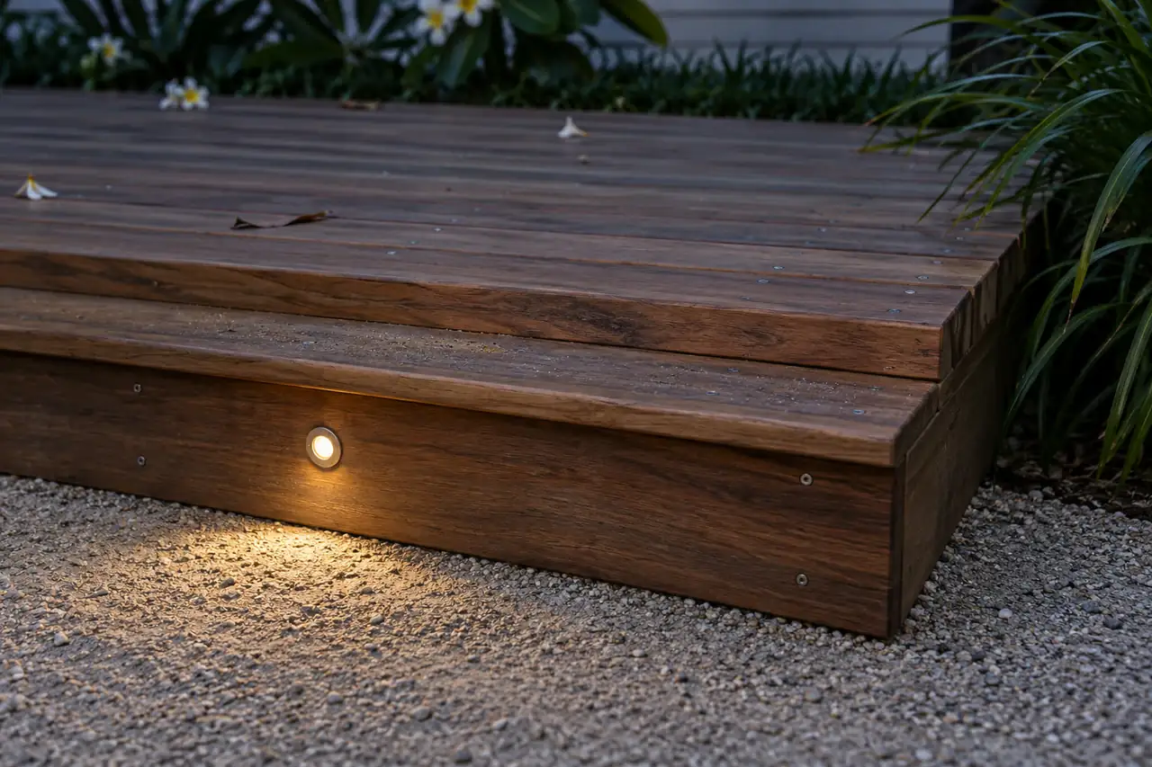 Timber deck step at dusk