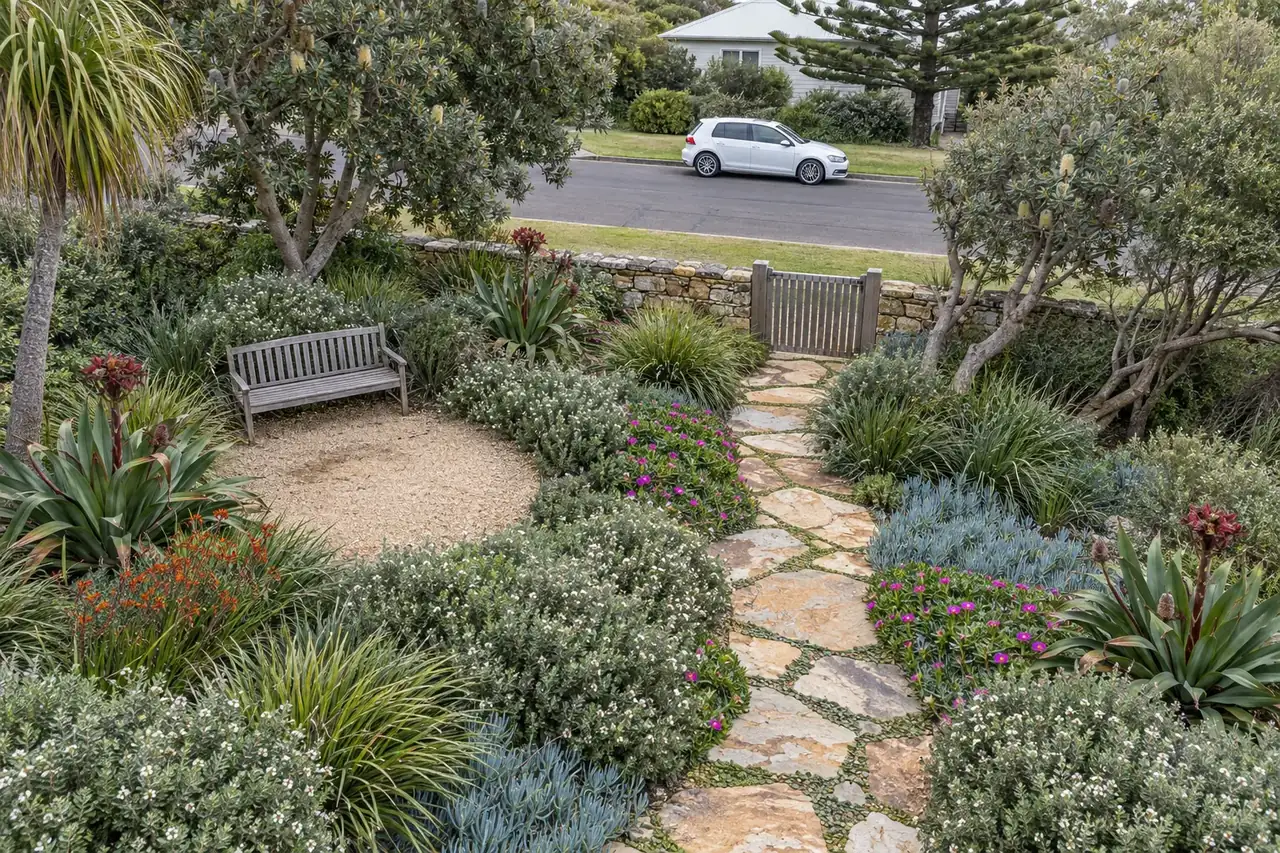 Coastal garden with a flagstone path and a bench